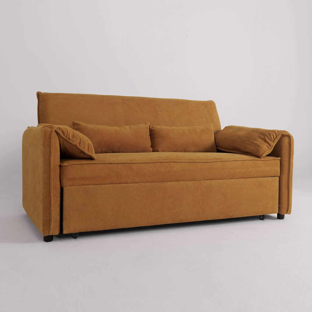 Caramel & Ginger Yellow Fabric Sofa Bed with Adjustable Backrest and Easy Pull-Out Mechanism