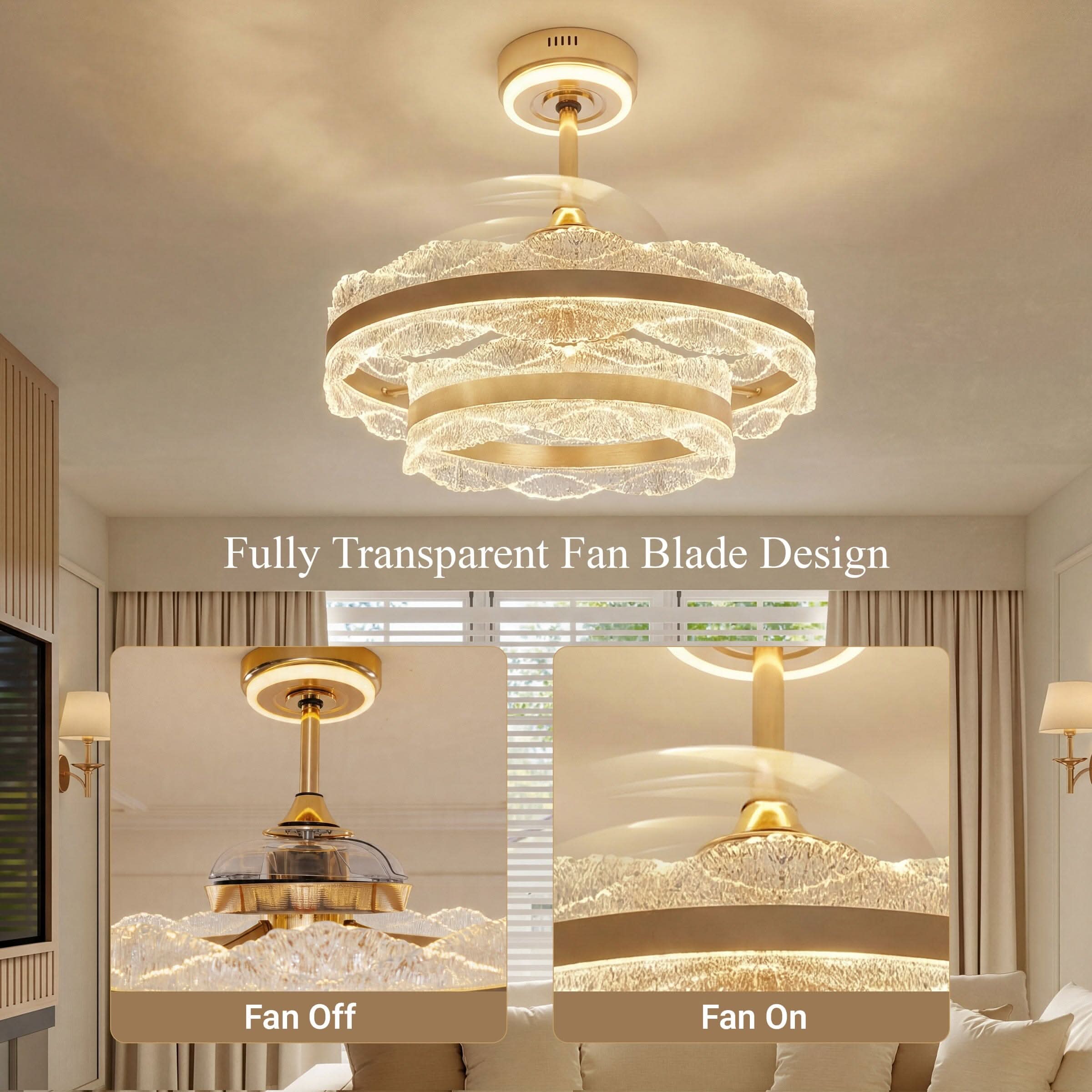 Lightsin Luxury Gold Frame LED Ceiling Fan Light with Retractable Blades