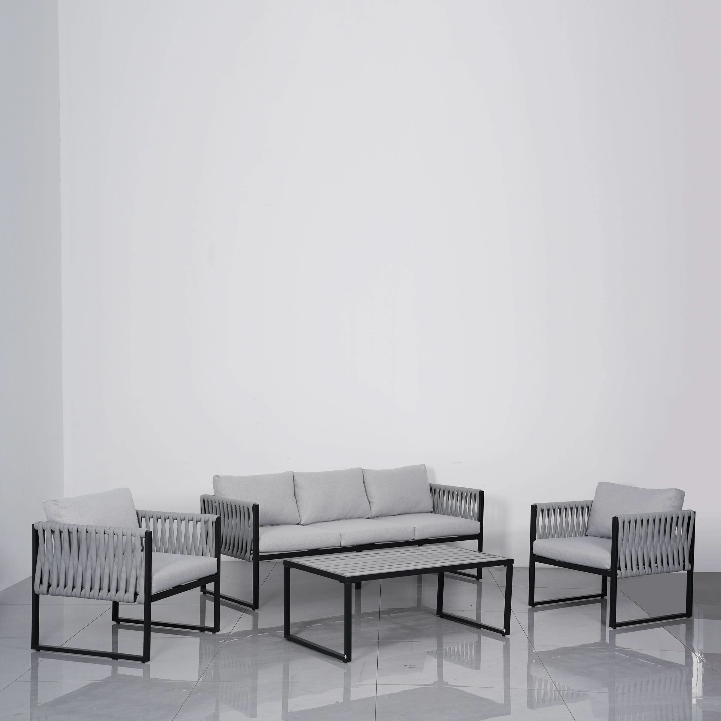 4 Piece Outdoor Garden Sofa Set with Rope Detailing and Sturdy Metal Frame