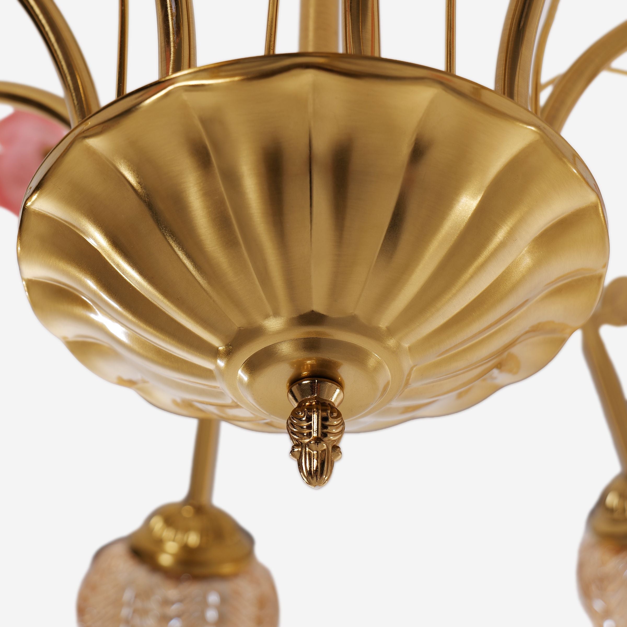 8-Light Gold Vintage Pink Floral Glass Chandelier | E27 Ceiling Lamp