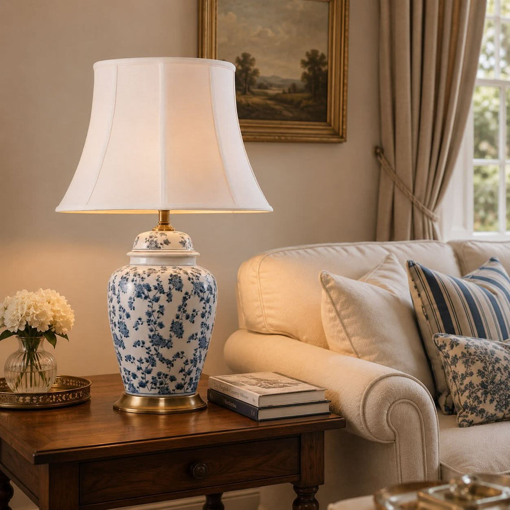 Lightsin Blue Floral Ceramic Table Lamp with Fabric Shade and Brass Base