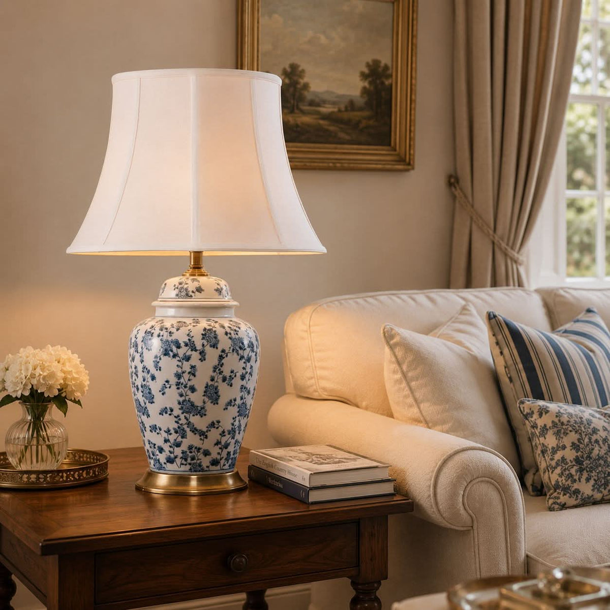 Lightsin Blue Floral Ceramic Table Lamp with Fabric Shade and Brass Base