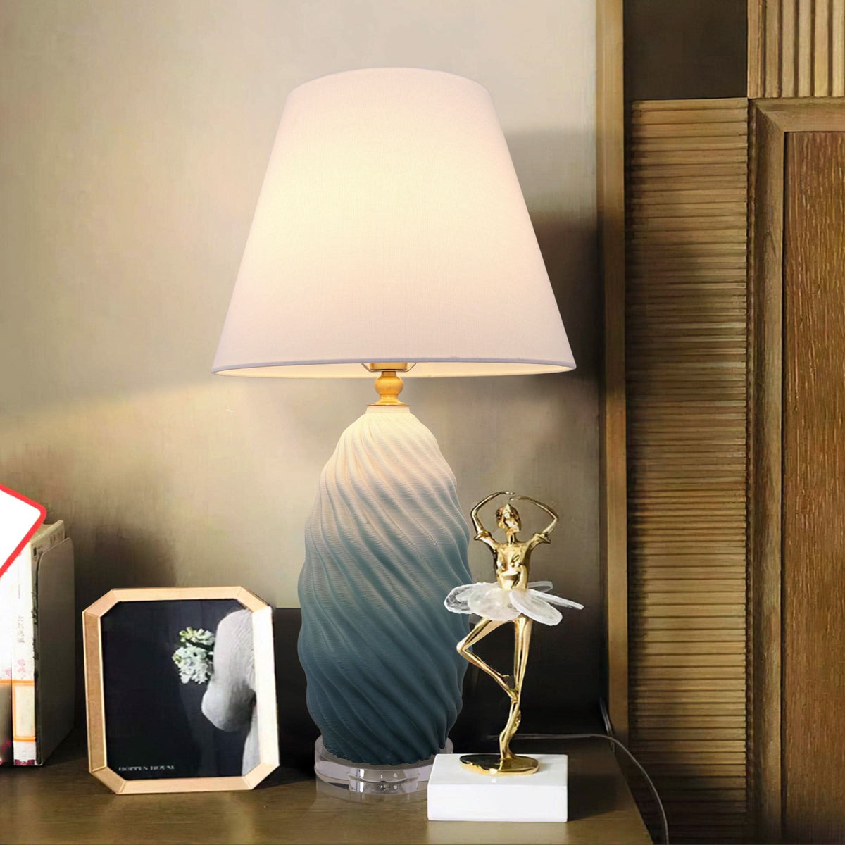 Lightsin 3D Green White Gradient Threaded Ceramic Table Lamp with Fabric Shade