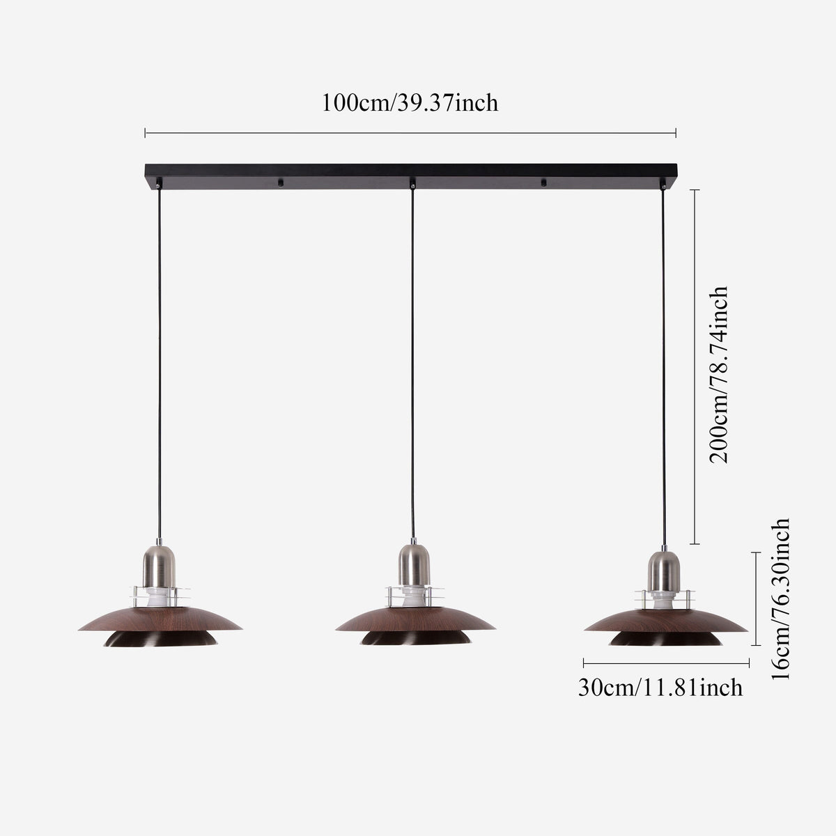 3-Light Walnut Iron Pendant Light | Adjustable E27 Ceiling Lamp