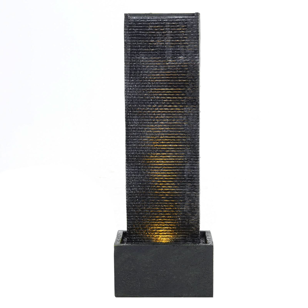 98cm H Black Rectangle Waterfall Stone Look Water Fountain with LED Light