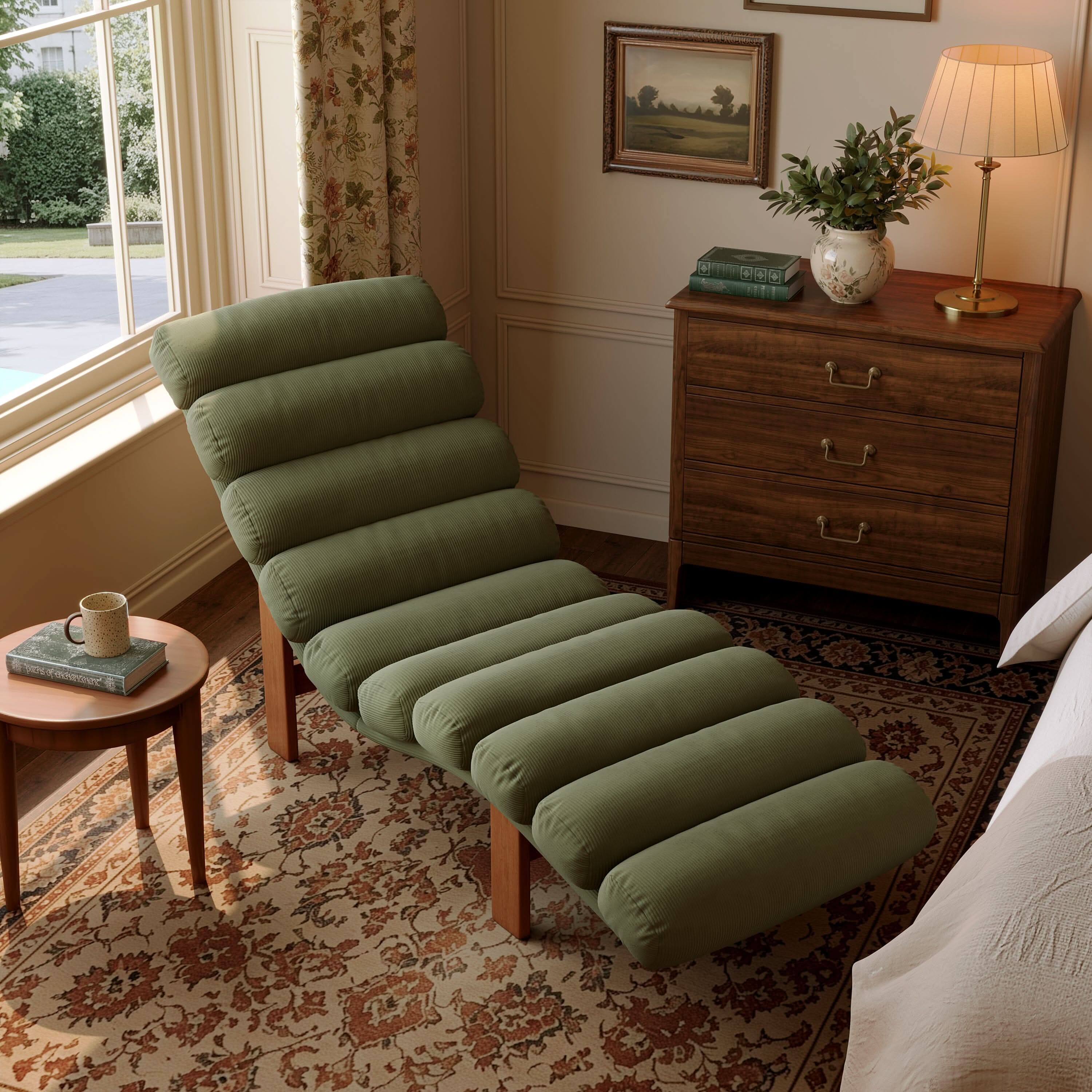 Cottonfy Modern Ergonomic Corduroy Chaise Lounge with Natural Wooden Frame