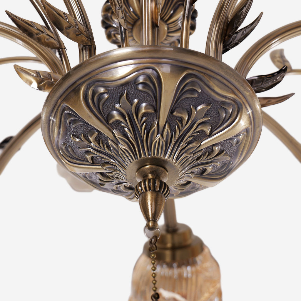 Antique Bronze and Amber Vintage 8-Light Ceramic Flower Pendant Light