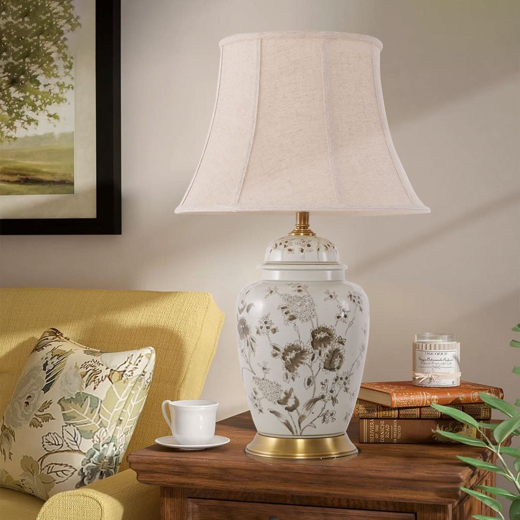 Lightsin Table Lamp Ceramic and Copper Chrysanthemum Design with Fabric Shade