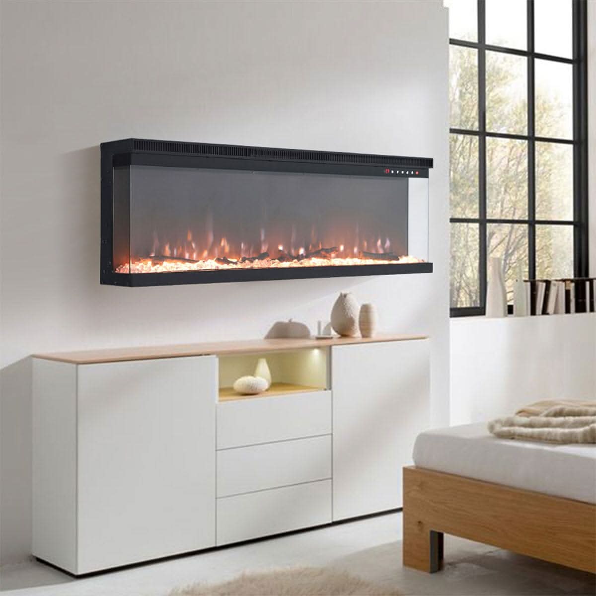 40/50/60/70/80/100-Inch 3-Sided Freestanding Electric Fireplace 12 Flame Colours and 5 Brightness Modes