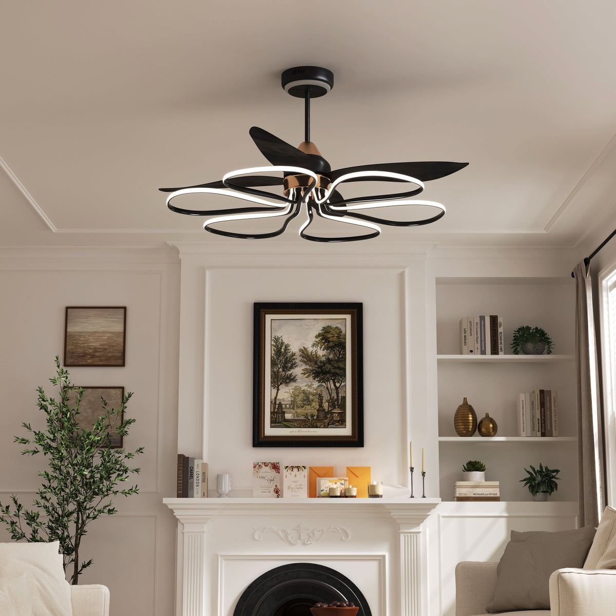 Lightsin 36-inch Black Modern Petal LED Ceiling Fan with Light - 6-Speed with Remote Control