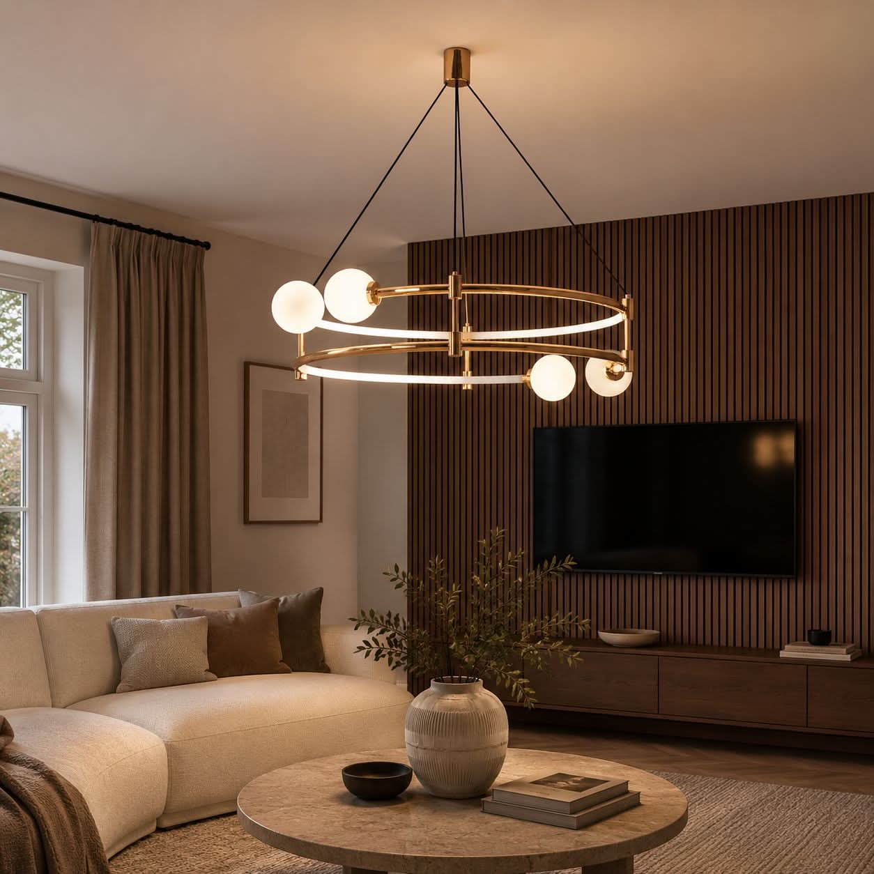 Lightsin Elegant Gold Double-Ring Halo Chandelier with Tri-Color LED Lighting