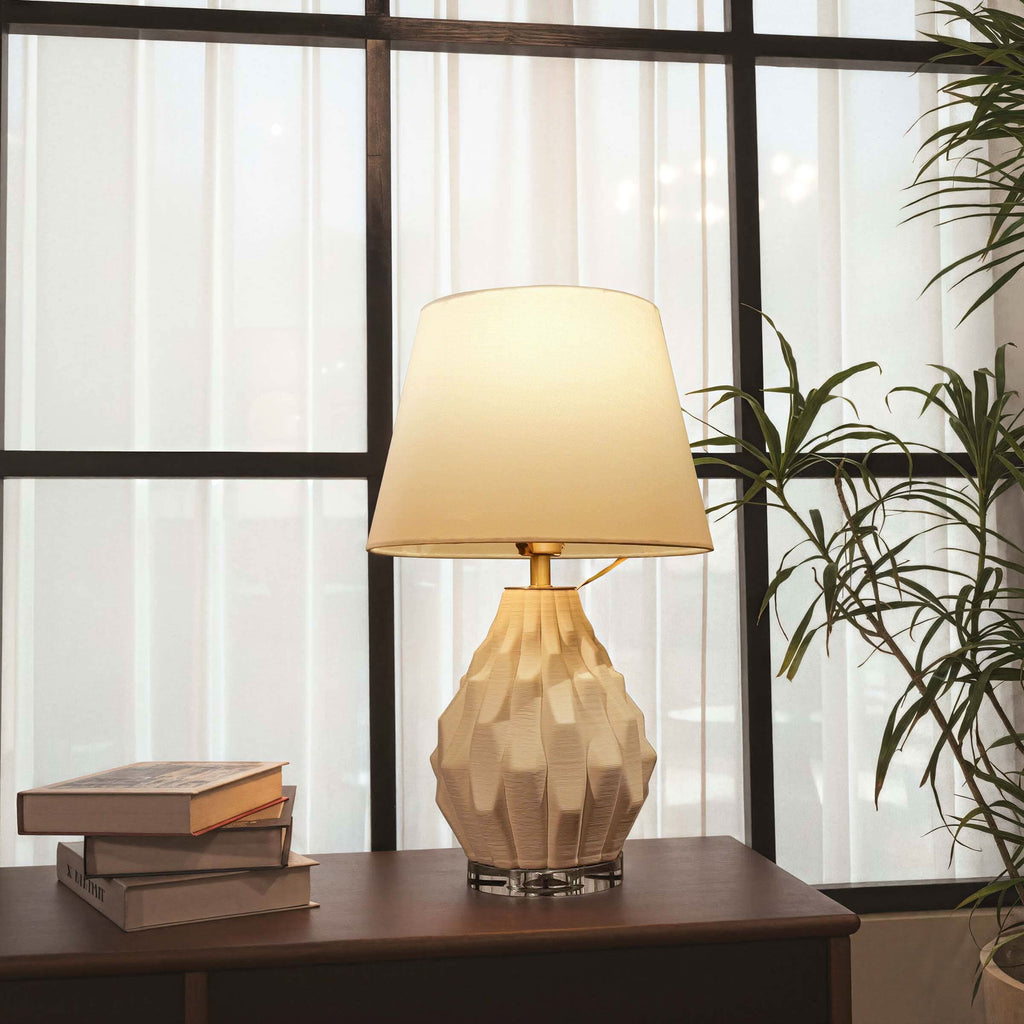 Lightsin 3D Pure White Polygonal Textured Ceramic Table Lamp with Fabric Shade