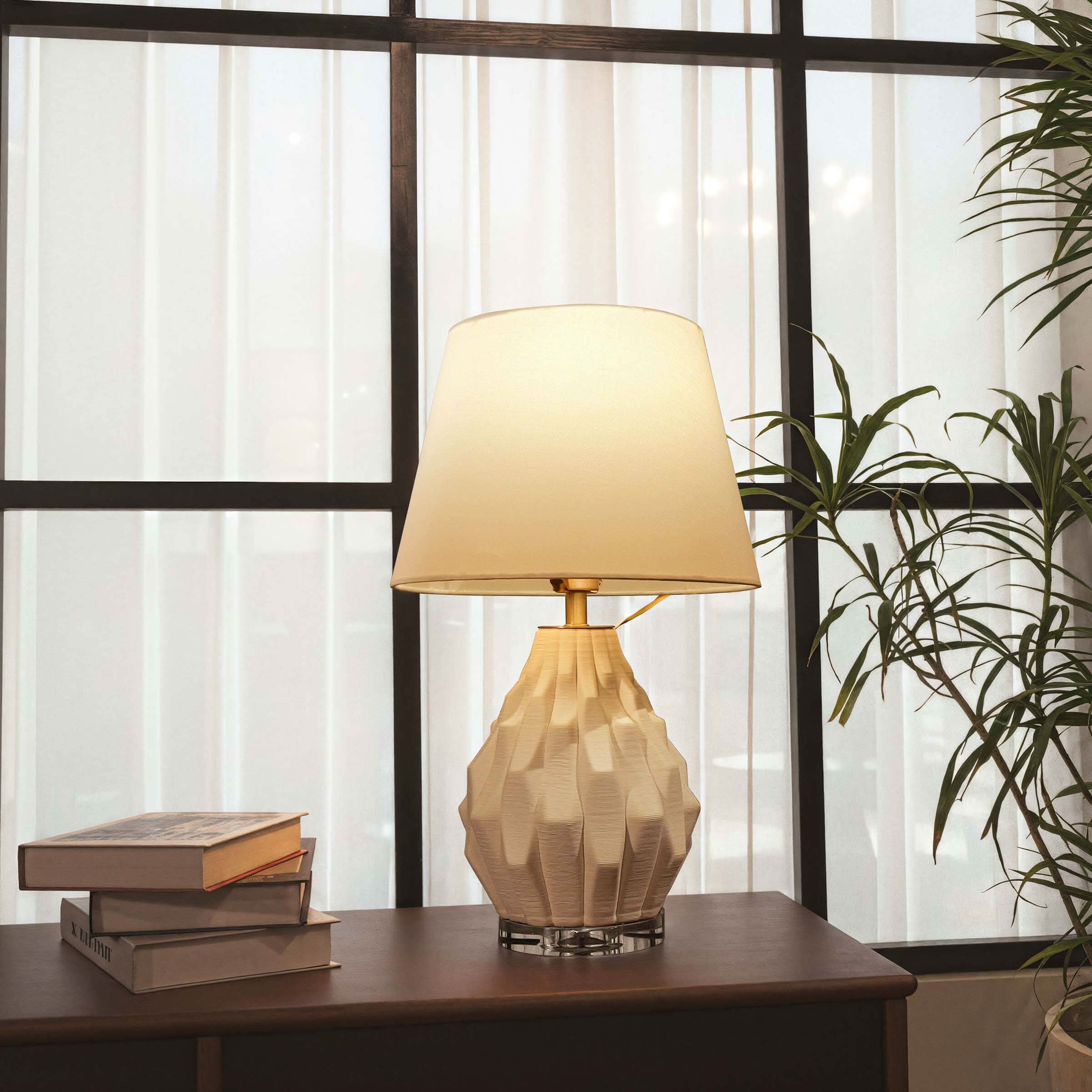 Lightsin 3D Pure White Polygonal Textured Ceramic Table Lamp with Fabric Shade