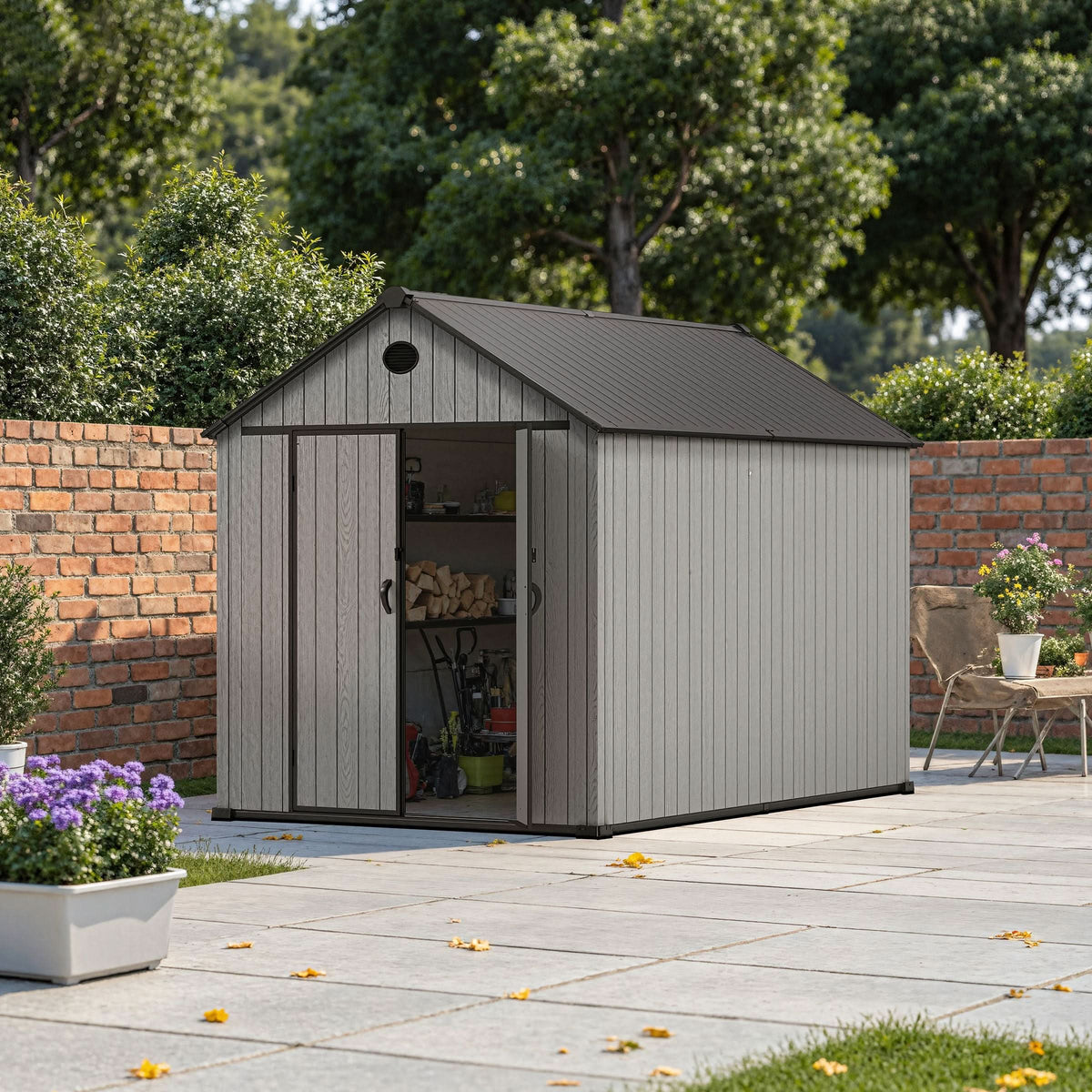 6'x8'ft/8'x8'ft/8'x12'ft/8'x16'ft Gray Wood Grain Plastic Tool Shed