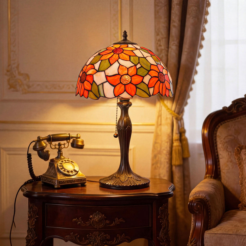Lightsin Tiffany Table Lamp | Handcrafted Stained Glass Floral Petals Series White and Green