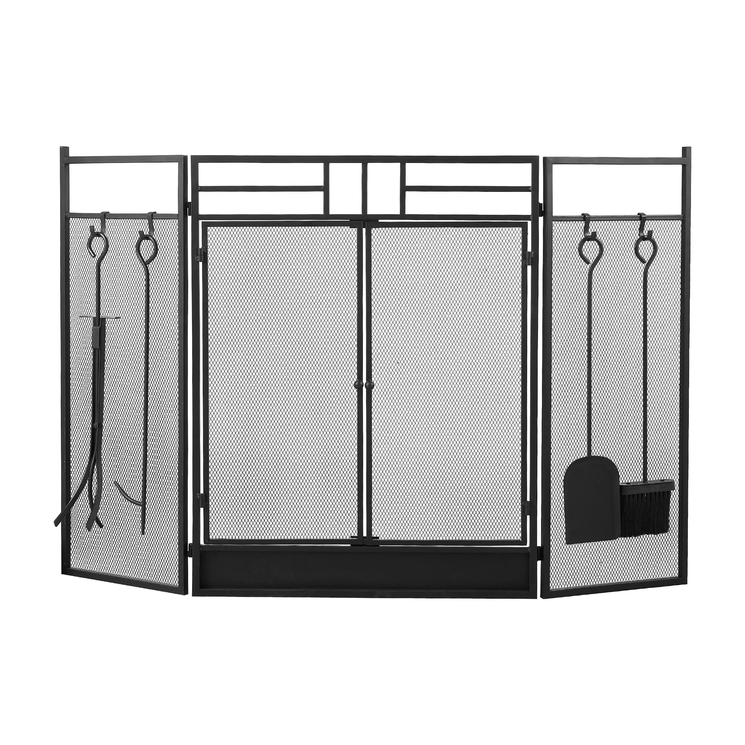 Smallbee Iron Fireplace Screen with 4-Piece Tool Set - Black Powder-Coated 122x1.3x80cm
