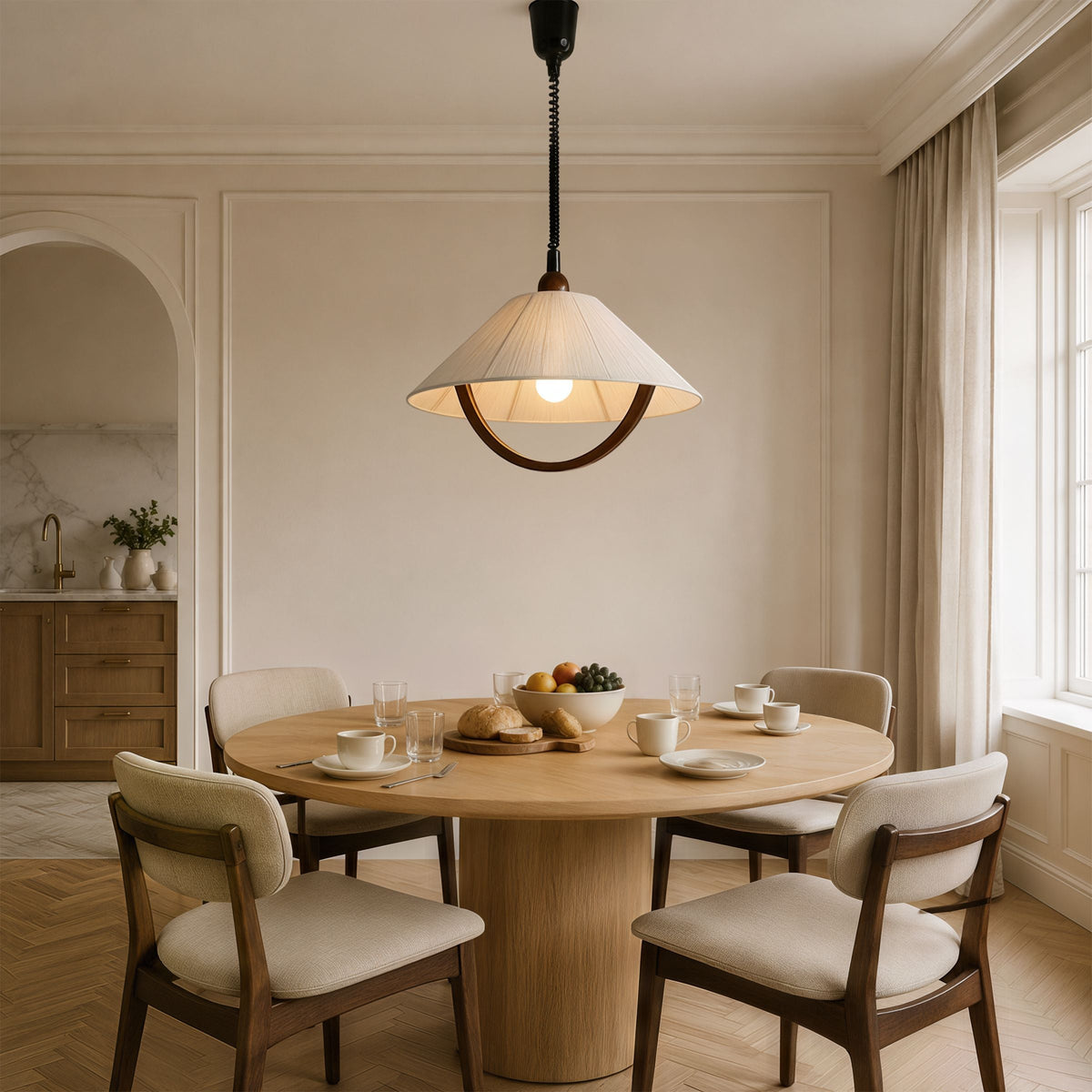 Natural Wood Curved Pendant Light | Cotton Cord Ceiling Lamp