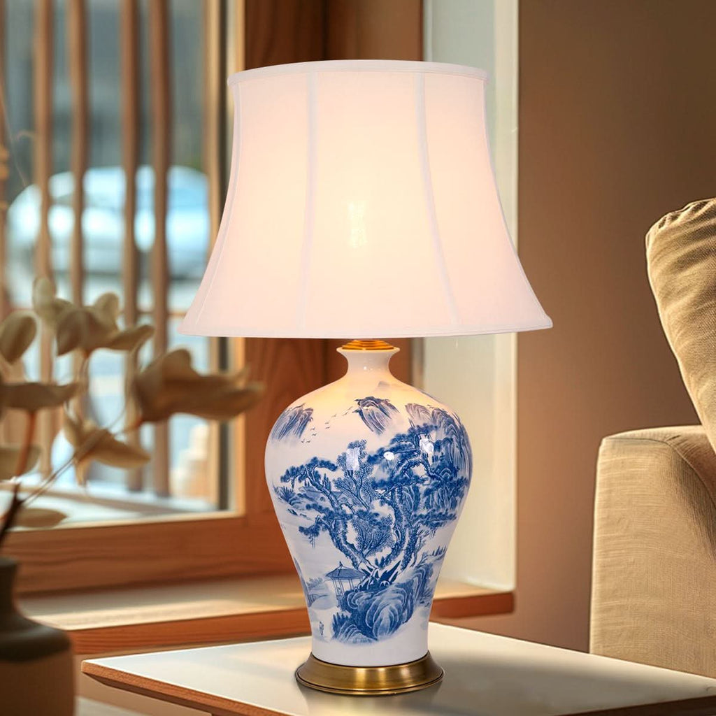 Lightsin Classic Ceramic Desk Lamp Blue and White with Fabric Shade