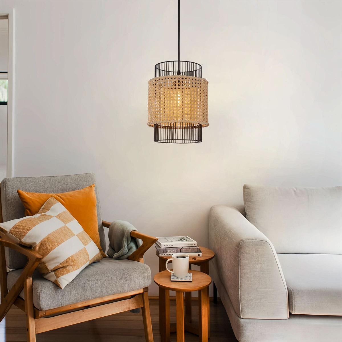 Glyph-Lightsin Elegant Black Frame with Handwoven Rattan Pendant Light
