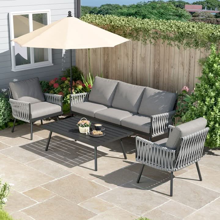Outdoor Garden Furniture Set with Rope Weave and All Metal Frame 4 Piece Design