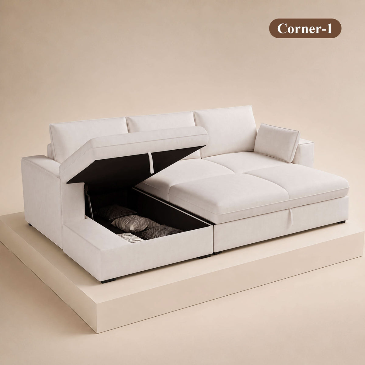 Cottonfy Creamy Tofu Block Pullout Sofa Bed with Storage