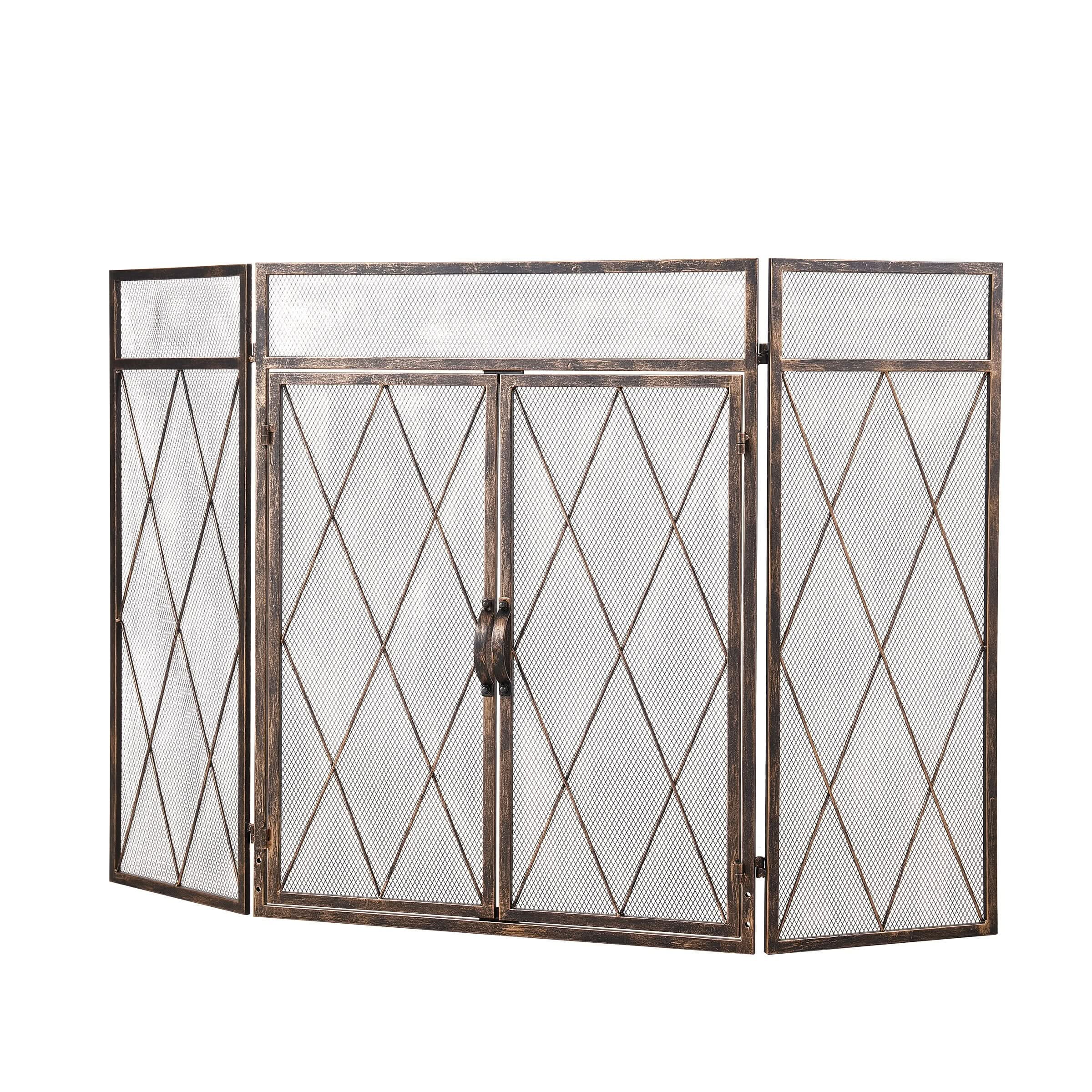 Smallbee Triple-Fold Iron Fireplace Screen Antique Copper Powder-Coated – 127x13x81cm