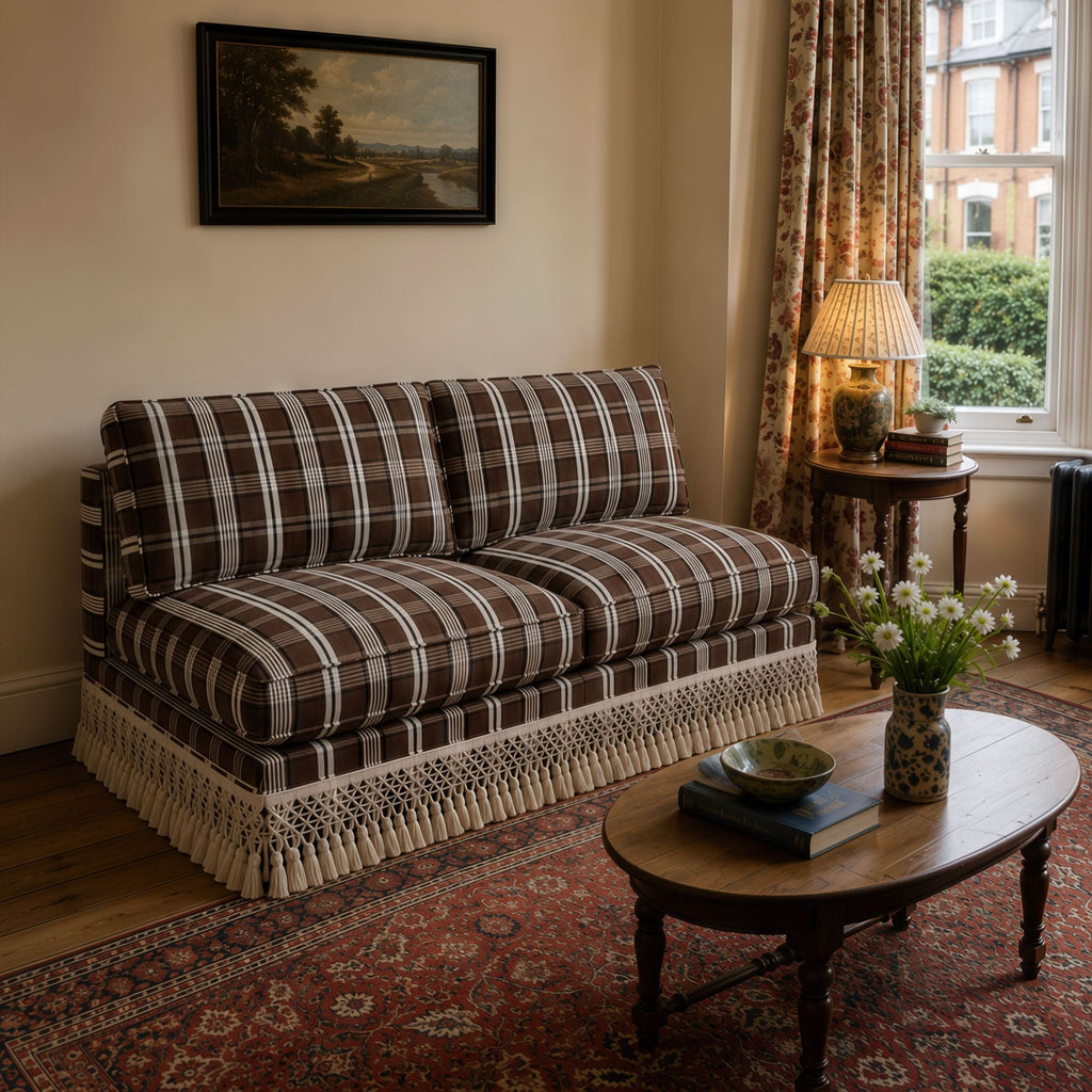 Armless Sofa with Fringed Trim and Removable Covers