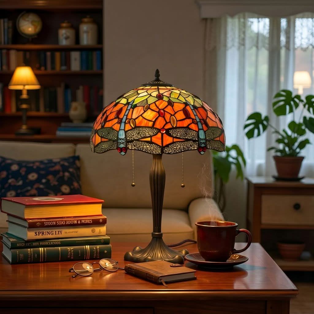 Lightsin Tiffany Table Lamp | Handcrafted Stained Glass Dragonfly Series Blue Dragonfly