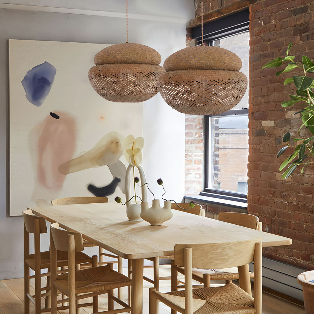 Lightsin Handwoven Natural Bulrush Pendant Ceiling Light with Pot Lid-Inspired Design