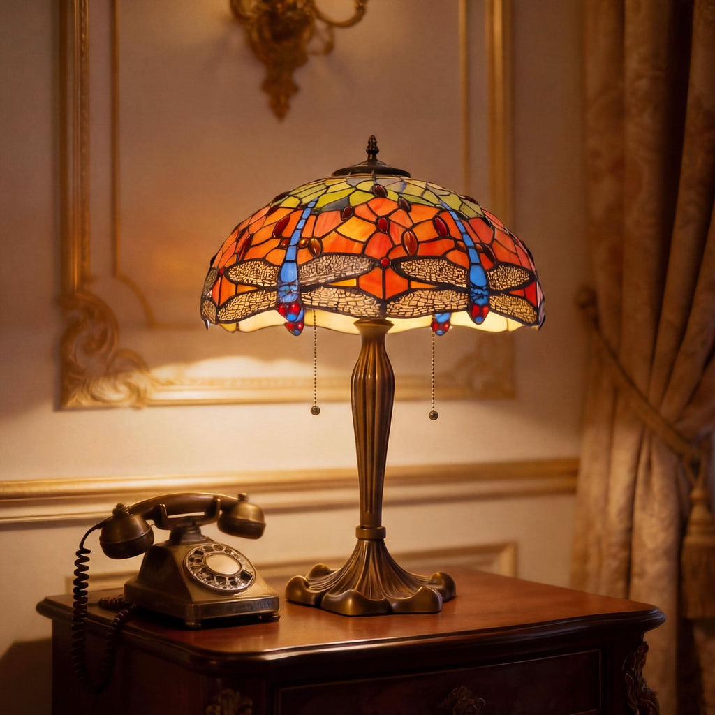 Lightsin Tiffany Table Lamp | Handcrafted Stained Glass Dragonfly Series Blue Dragonfly