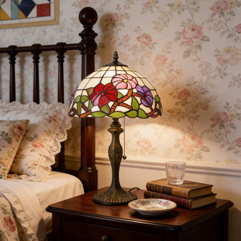 Lightsin Tiffany Table Lamp | Handcrafted Stained Glass Floral Petals Series Red, Pink and Purple