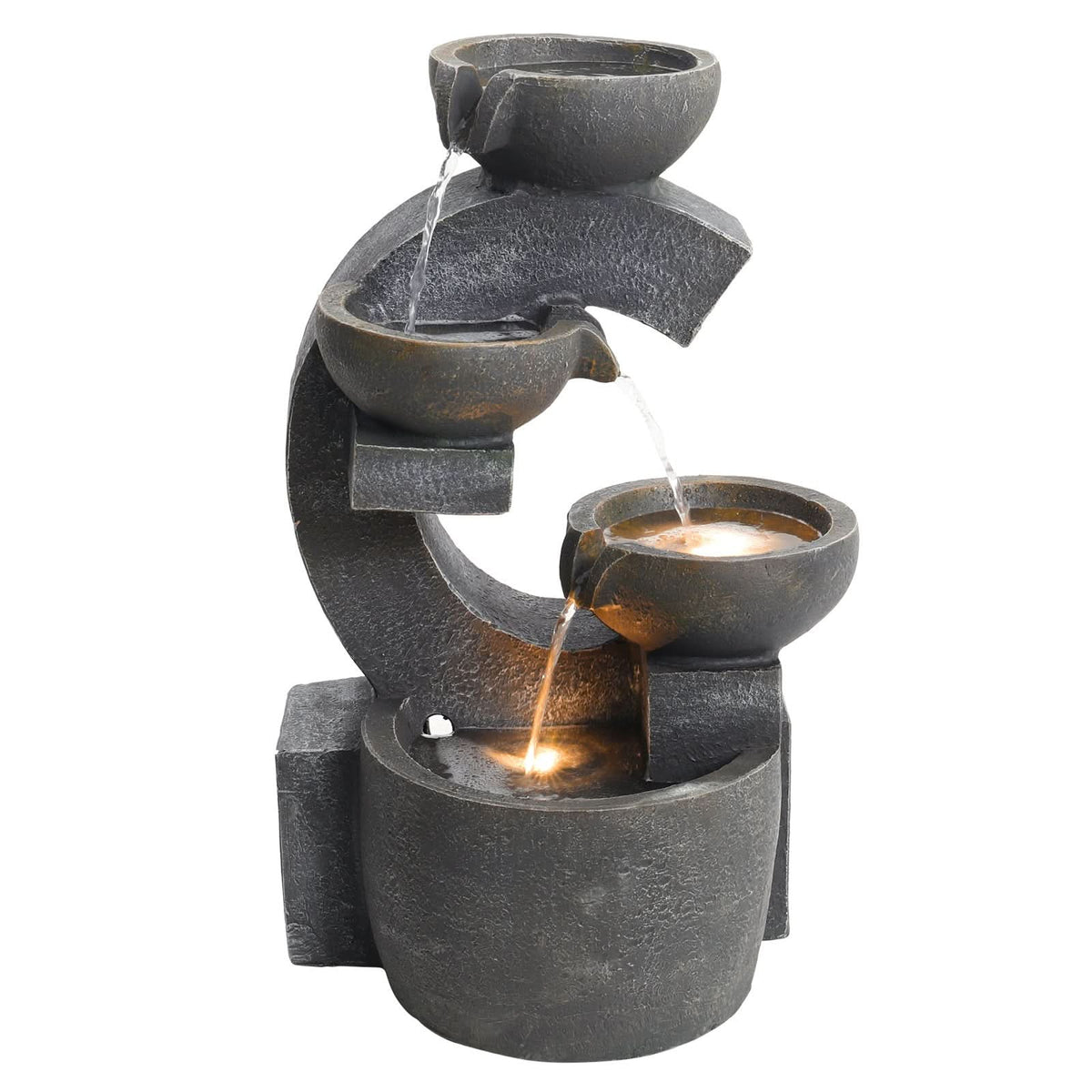 C Shaped Outdoor Fountain Garden Patio Water Feature LED Light Cascade Bowl