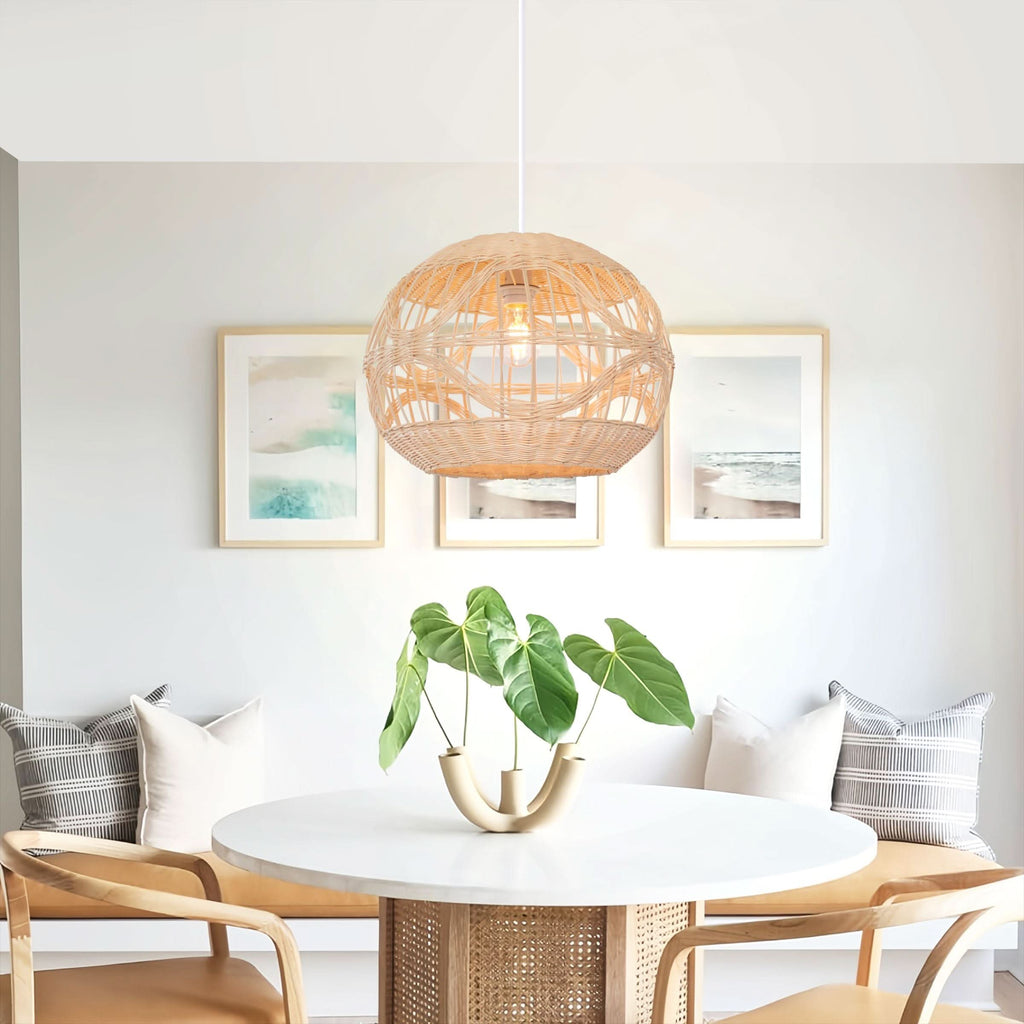 Lightsin Cella-Sustainable Handwoven Spherical Rattan Pendant Light with Wave Details