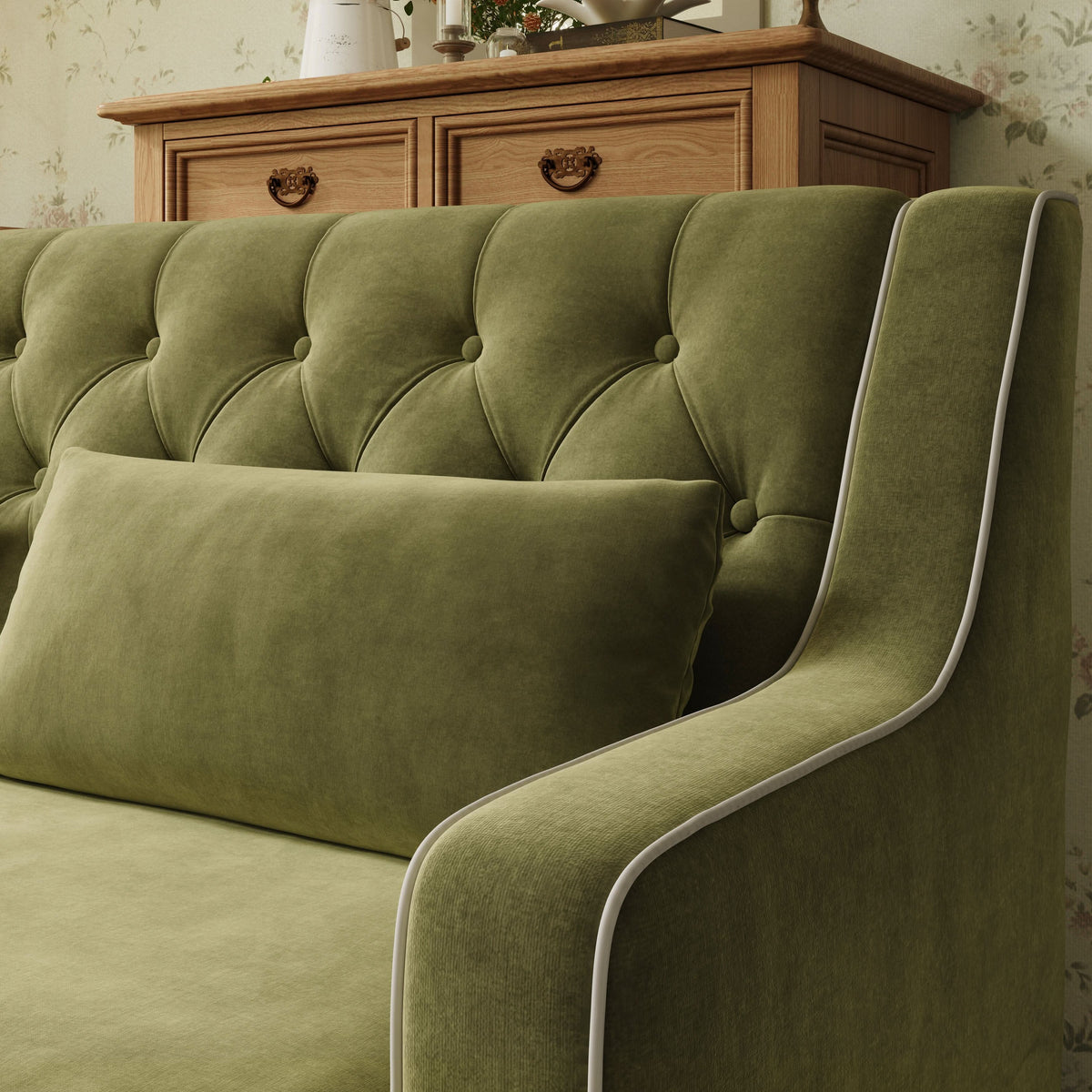 Cottonfy Fringe Skirt Sofa Velvet Linen Comfort Relaxed Living Olive Green Velvet