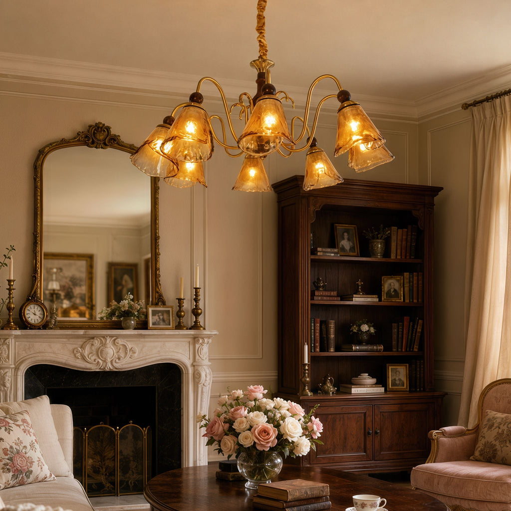8-Light Walnut Vintage Cut Glass Chandelier | Wood and Iron Ceiling Lamp