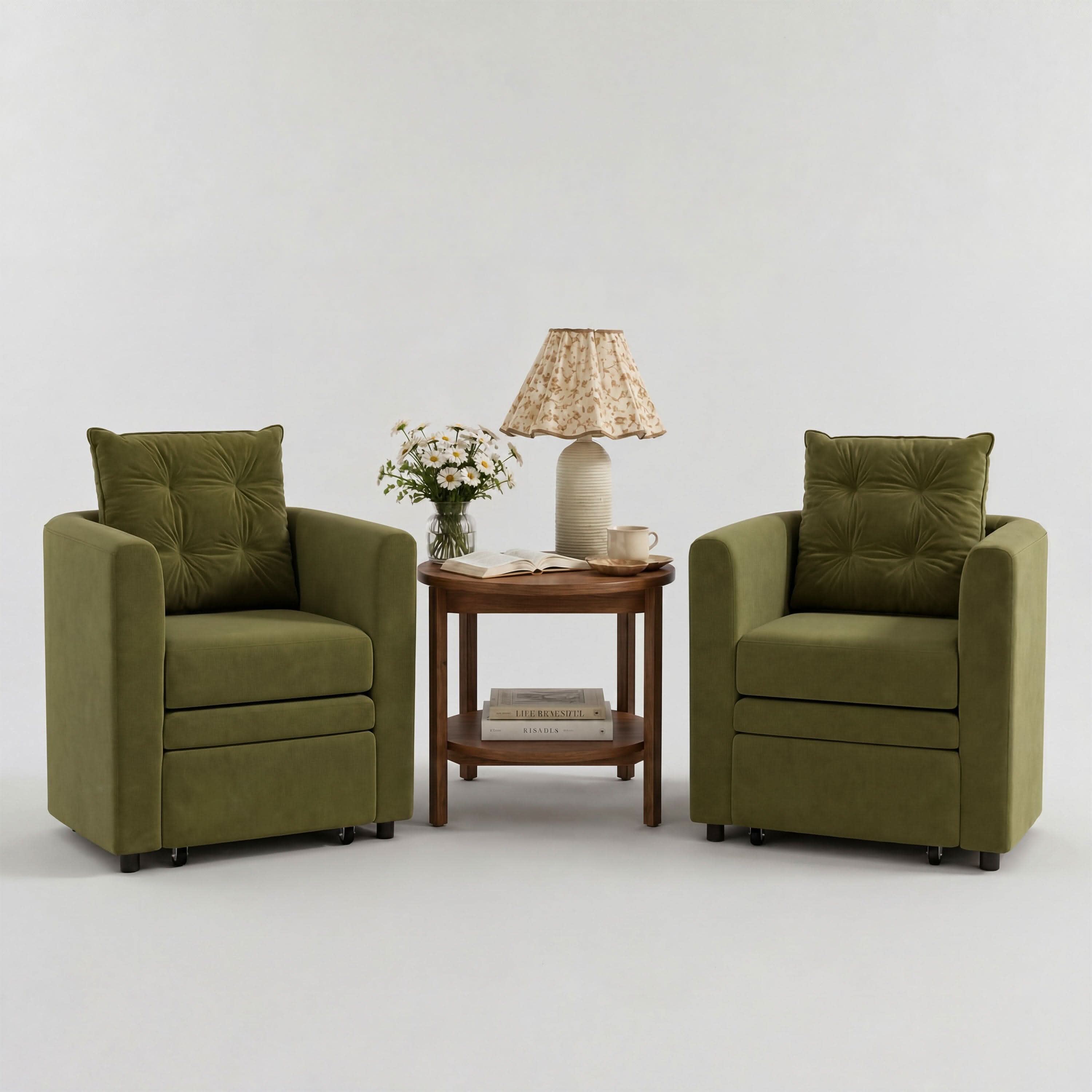 Cottonfy Green Velvet Armchair with Hidden Storage Footstool