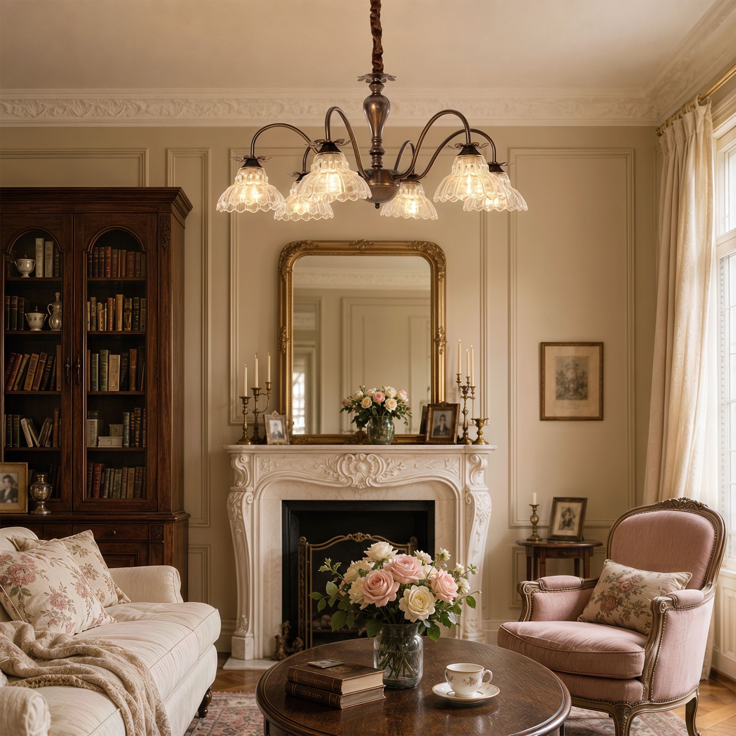 6-Light Gold Vintage Floral Glass Chandelier | E14 Ceiling Lamp