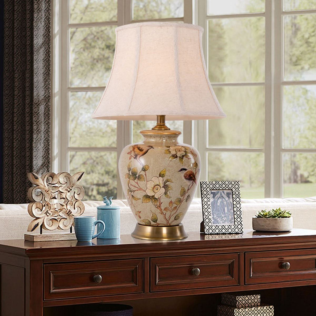 Lightsin Vintage Ceramic Bird-Pattern Table Lamp with Fabric Shade