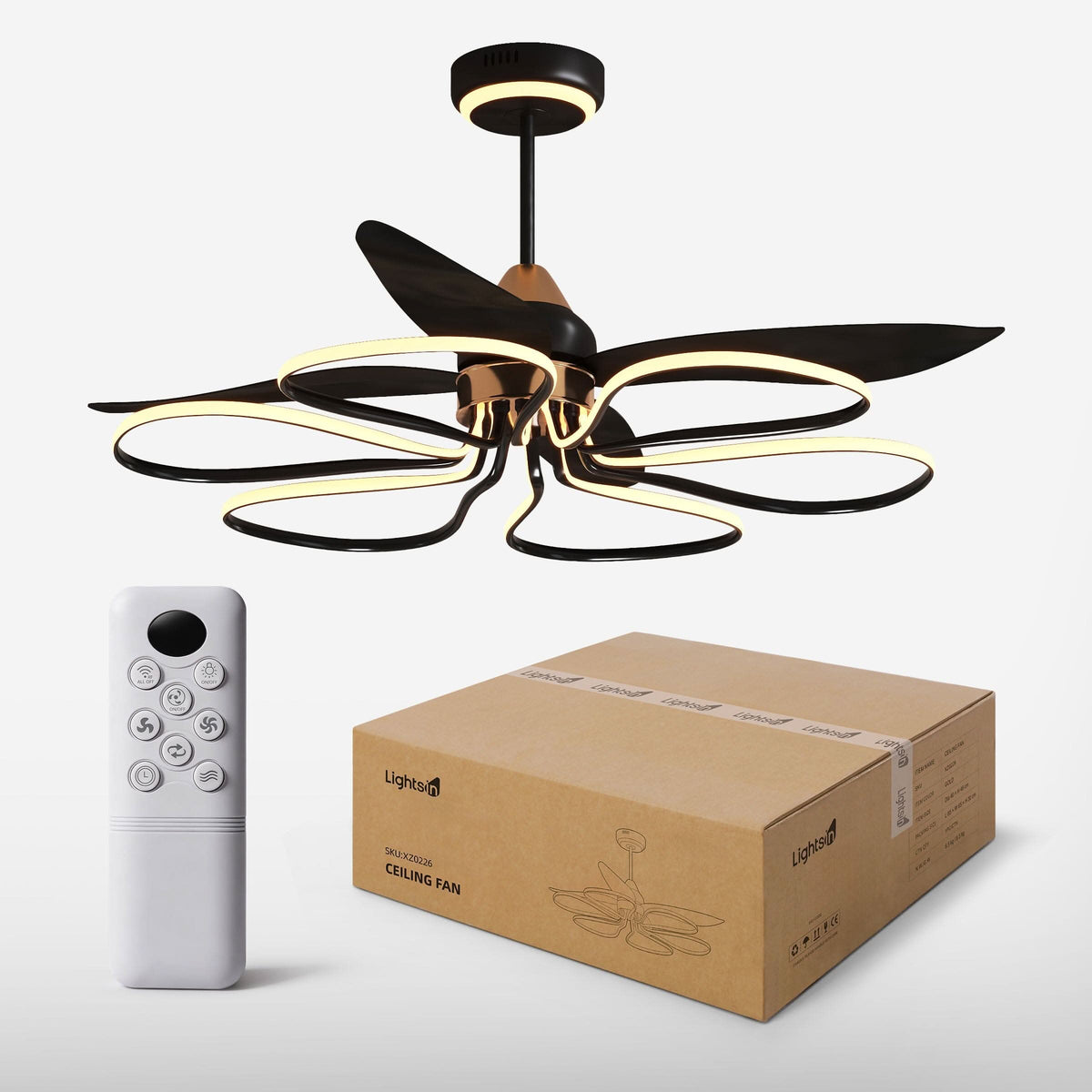 Lightsin 36-inch Black Modern Petal LED Ceiling Fan with Light - 6-Speed with Remote Control