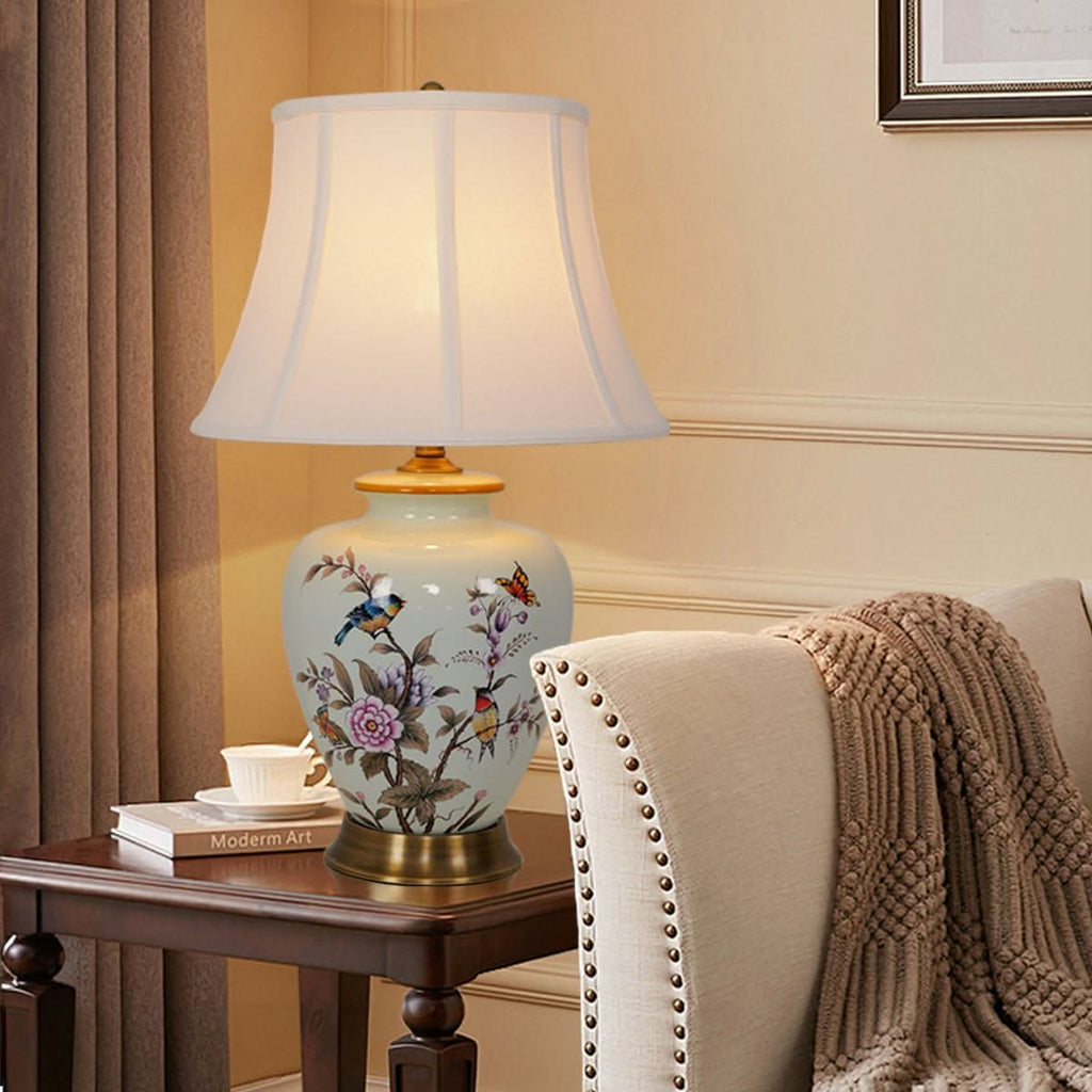 Lightsin Hand-Painted Vintage Ceramic Bird & Floral Table Lamp in Soft Celadon Green
