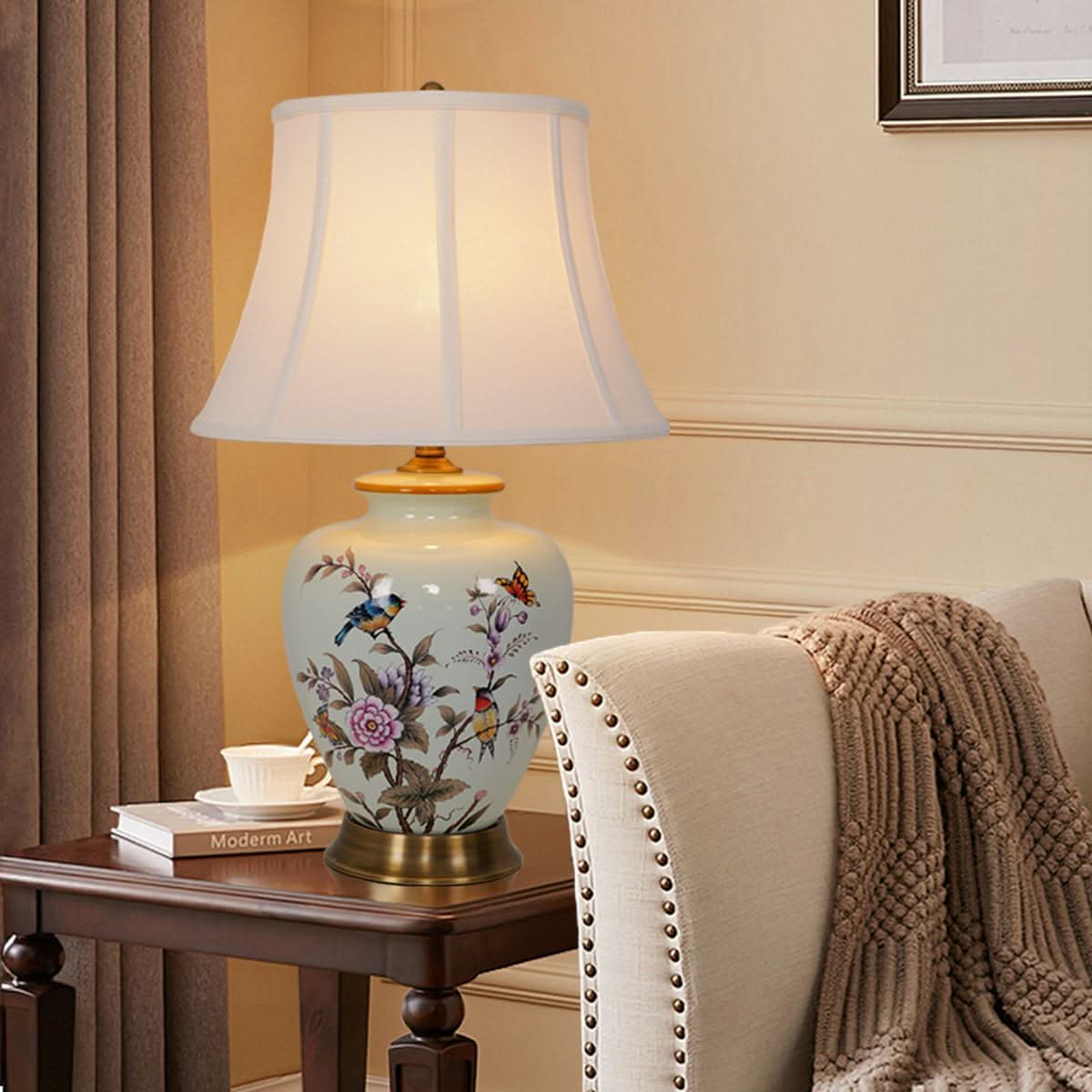 Lightsin Hand-Painted Vintage Ceramic Bird & Floral Table Lamp in Soft Celadon Green