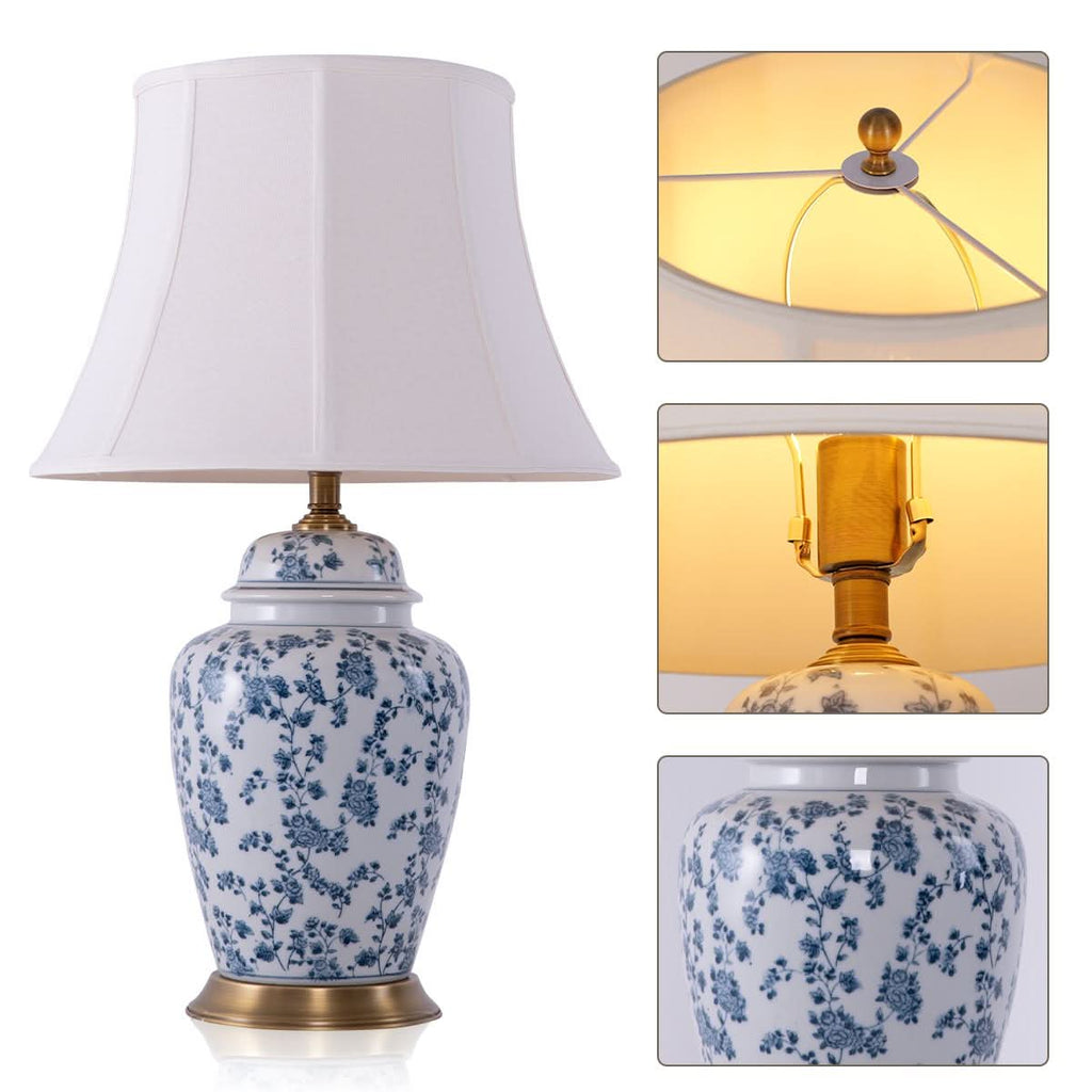Lightsin Blue Floral Ceramic Table Lamp with Fabric Shade and Brass Base