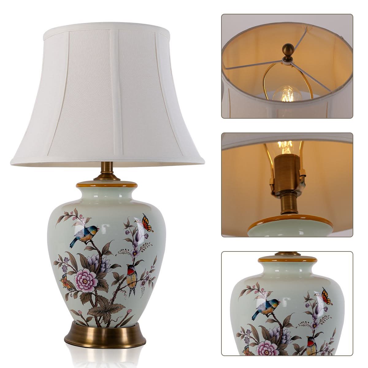 Lightsin Vintage Ceramic Bird-Pattern Table Lamp with Fabric Shade