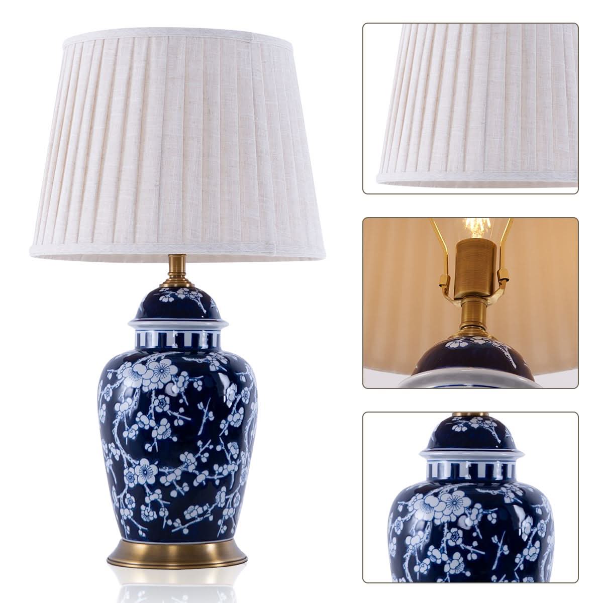 Lightsin Vintage Desk Lamp Ceramic Floral Design with Brass Base and Fabric Shade