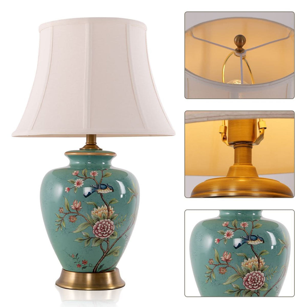 Lightsin Vintage Ceramic Bird-Pattern Table Lamp with Fabric Shade