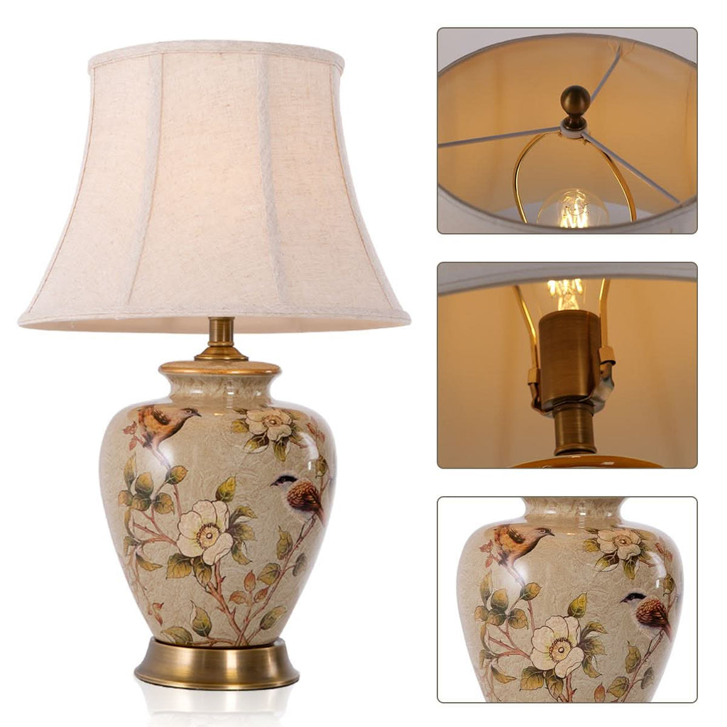 Lightsin Vintage Ceramic Bird-Pattern Table Lamp with Fabric Shade