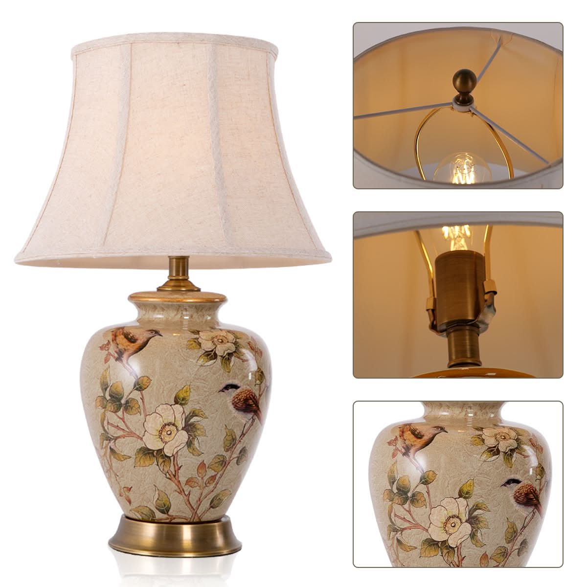 Lightsin Vintage Ceramic Bird-Pattern Table Lamp with Fabric Shade