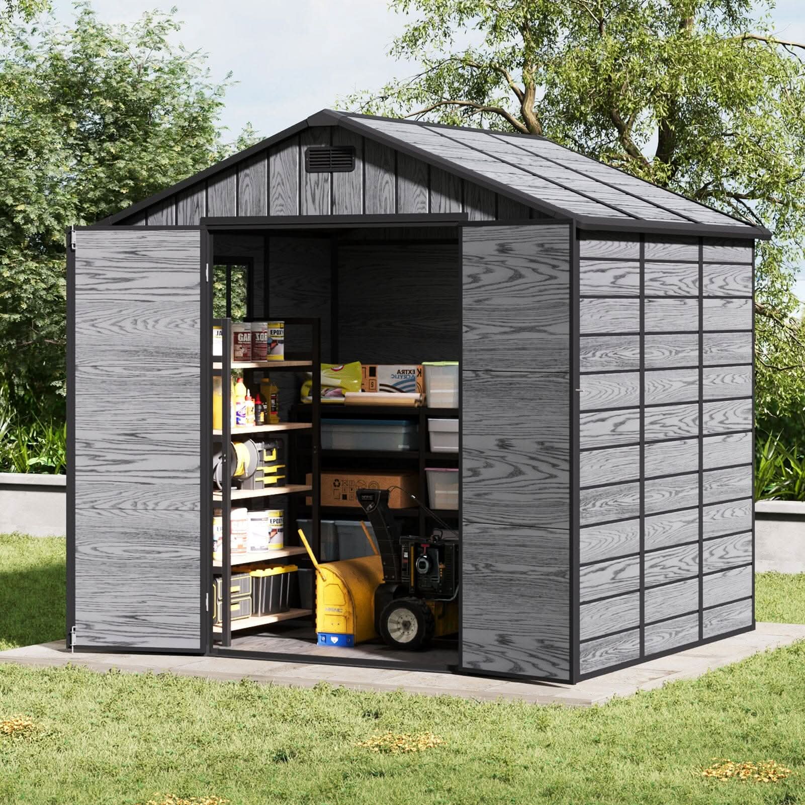 8x6ft / 8x8ft Plastic Outdoor Apex Roof Tool Shed with Dual-door (Ver.2)