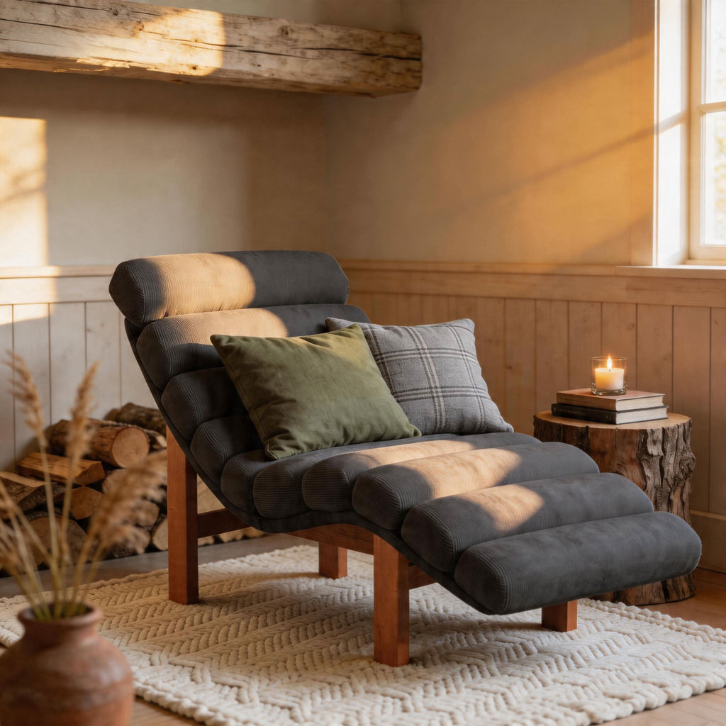 Cottonfy Modern Ergonomic Corduroy Chaise Lounge with Natural Wooden Frame