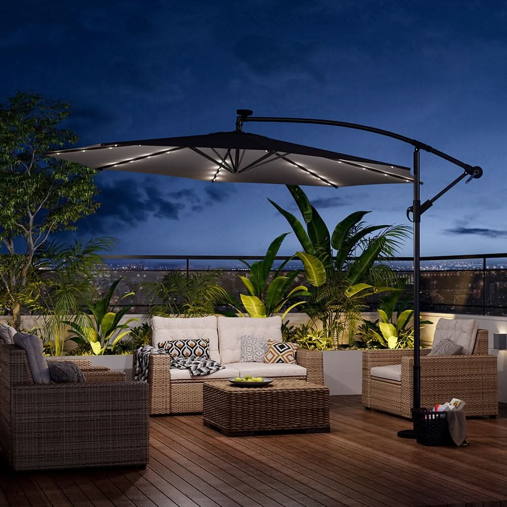 3M Cantilever Garden Parasols Beige/Light Grey/Dark Grey Iron Banana Umbrella with LED Lights